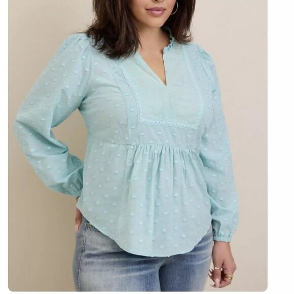 Torrid Light Blue Eyelet Clip Dot Long Sleeve Cotton Top Blouse Womens Size 2X - Picture 1 of 14